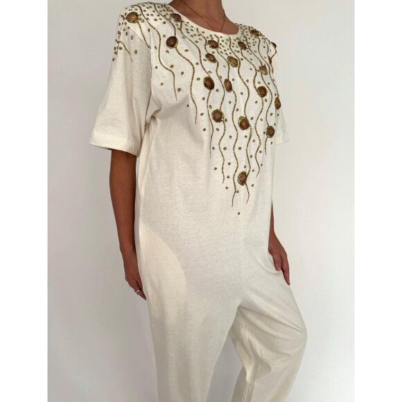 80s white embellished hand painted glitter seashell cotton pant jumpsuit romper - Picture 7 of 10